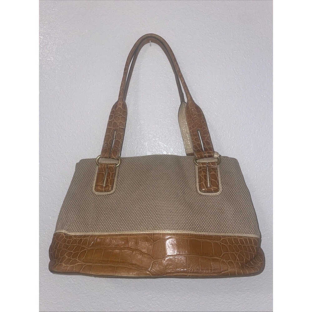 BRAHMIN Raffia Straw Croc Emb Leather Vtg Handbag Satchel Purse Shoulder Bag
